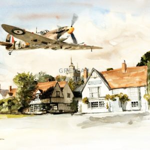 Spitfire over Cavendish, Suffolk-ink
